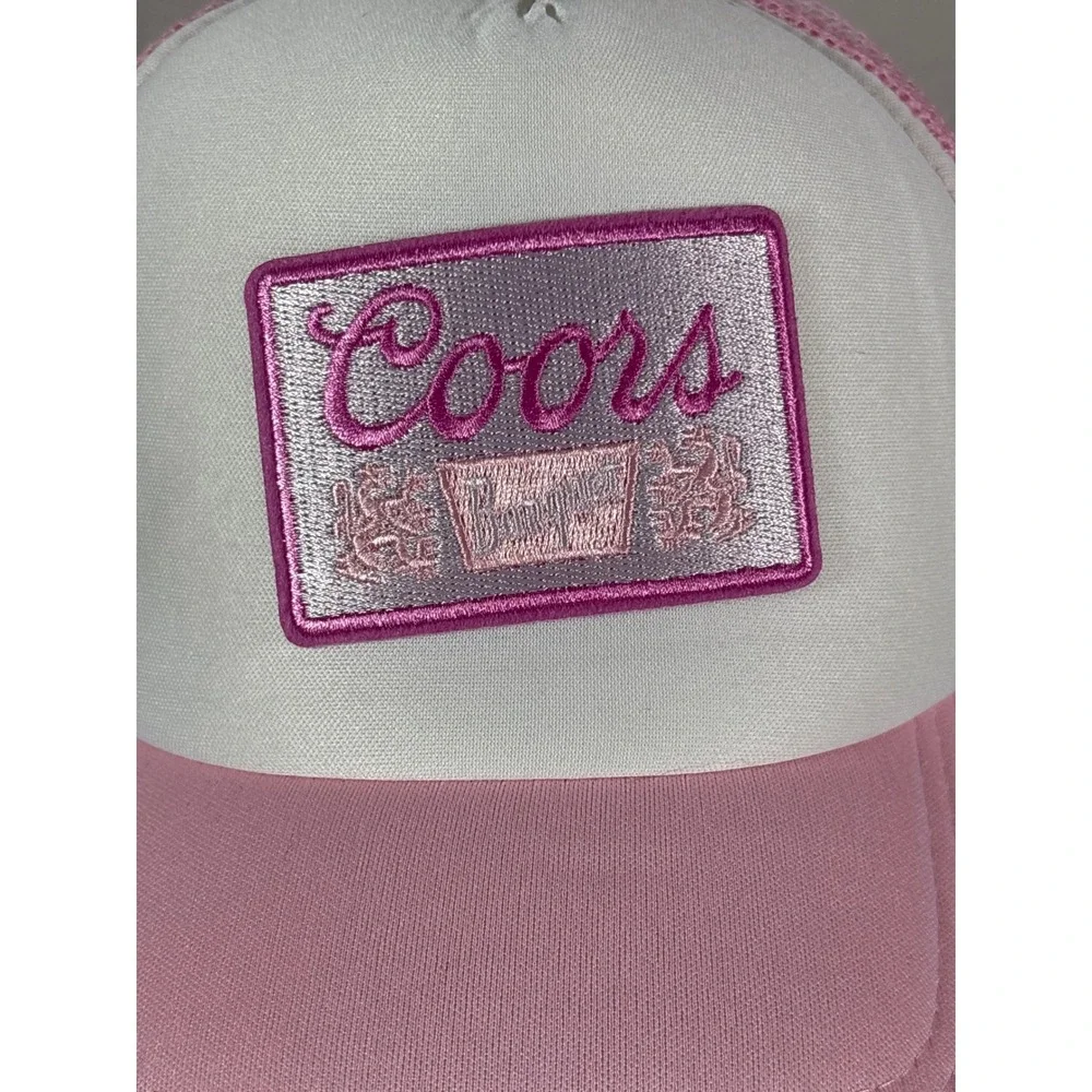Coors Banquet Beer Trucker Hat Pink White Metallic Patch Snapback Mesh Cap